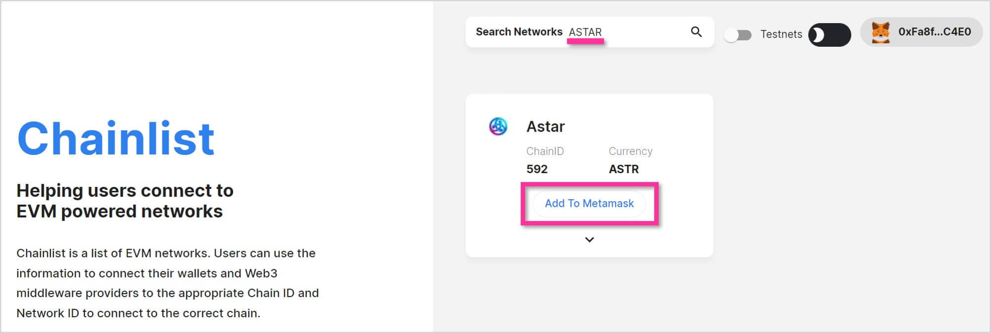 検索結果のネットワークを「Add To MetaMask」ボタンから追加