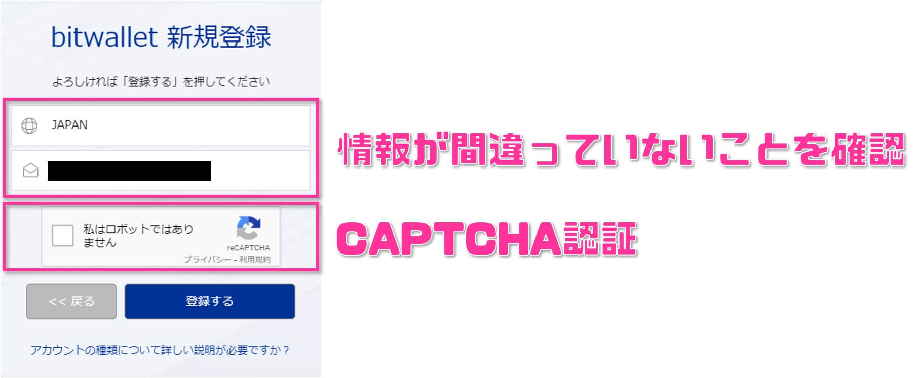 CAPTCHA認証して「登録する」を選択