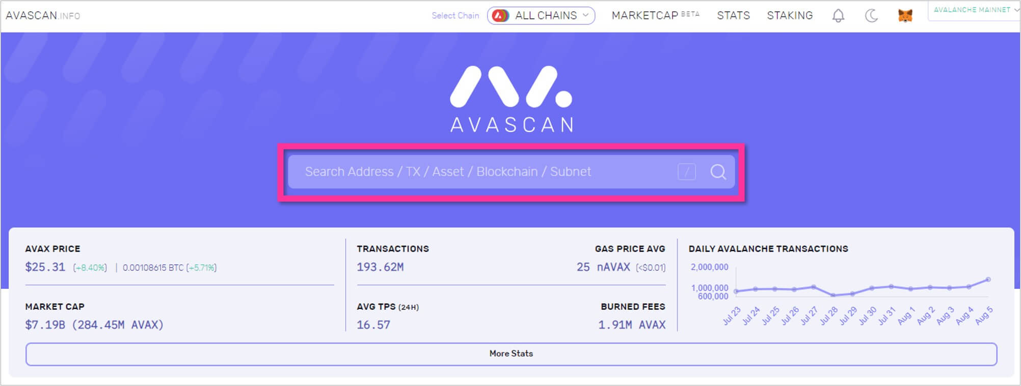 Avascanトップページ上部の検索窓からコントラクトアドレスを調べたいトークンを検索