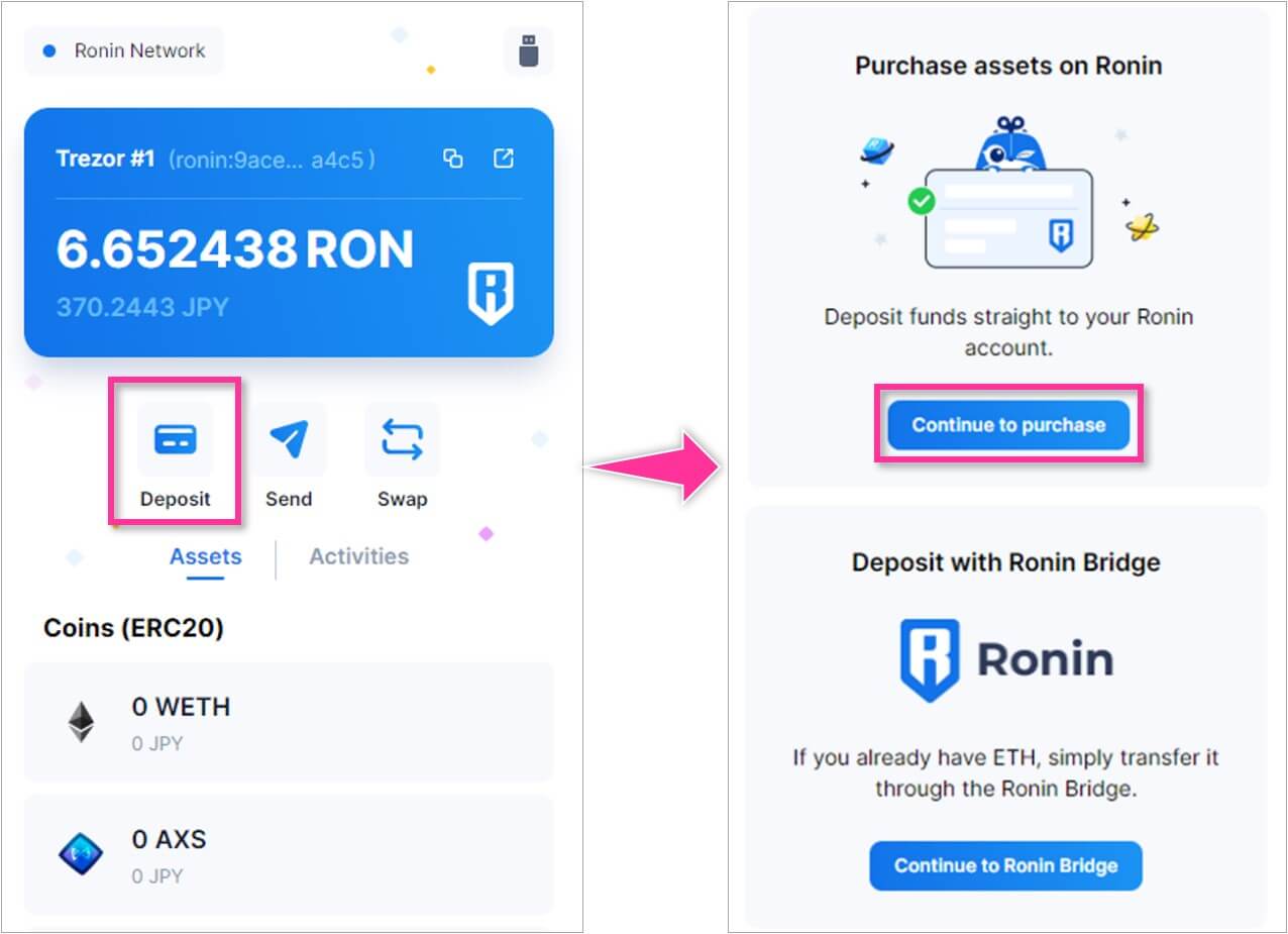 Roninウォレットの「Deposit」から「Purchase assets on Ronin」の「Continue to purchase」を選択